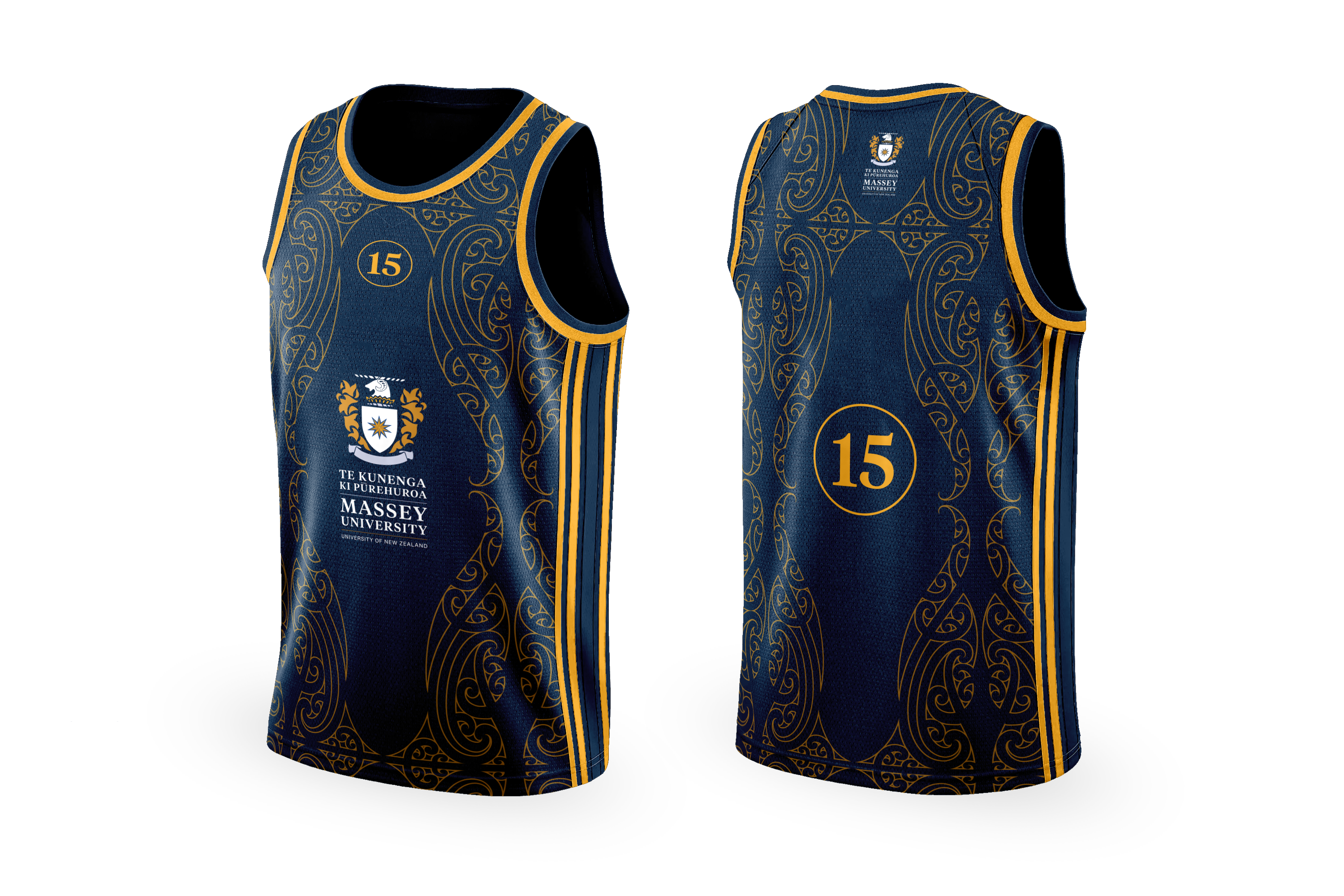 Massey University basketball uniform in navy and gold