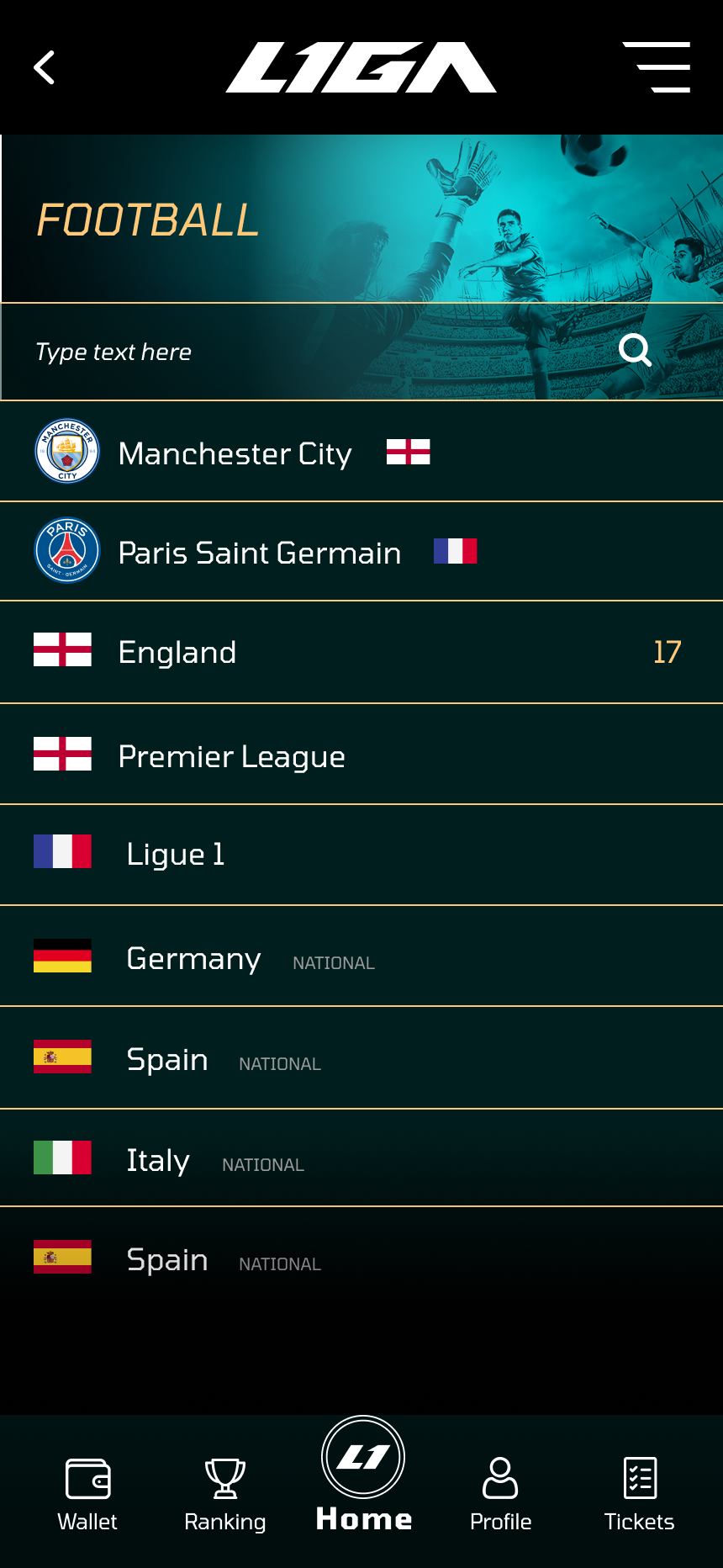 LIGA mobile search screen